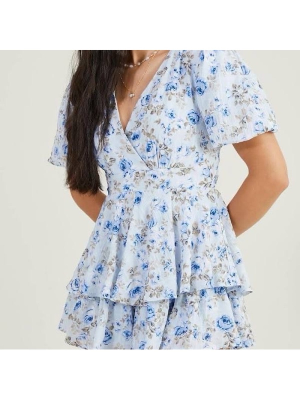 Altar'd State Light Blue and Taupe Floral V-Neck Tiered Mini romper nwt